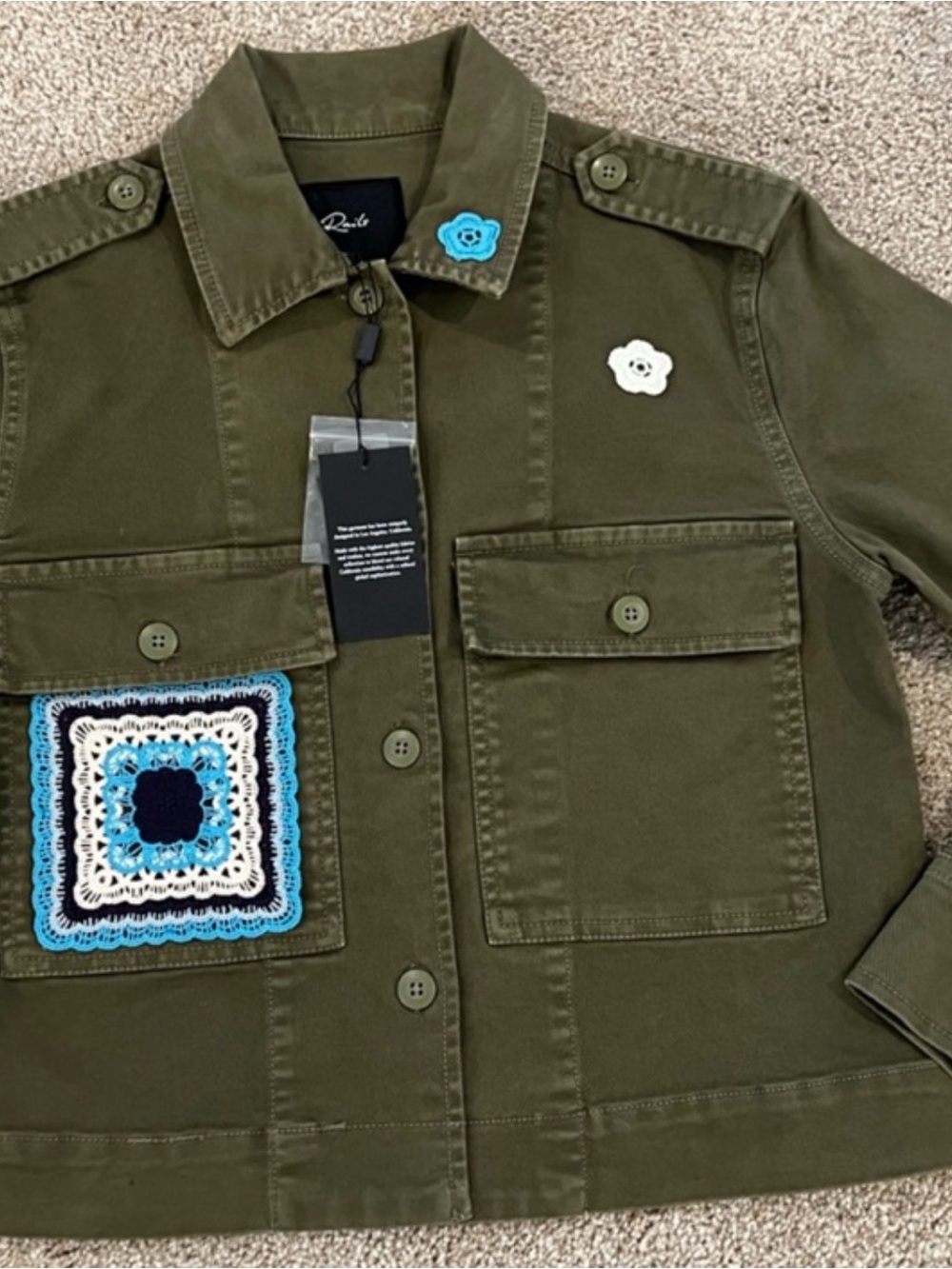 Rails Olive Green Jean Jacket with Blue & White Crochet Accents